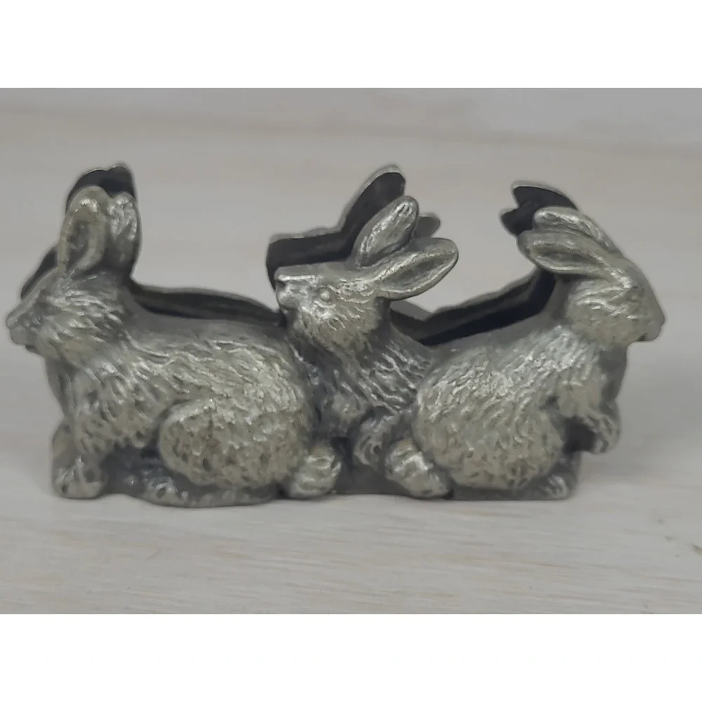 Vintage Style Cast Metal Rabbit Bunny Card Holder Silver Tone
